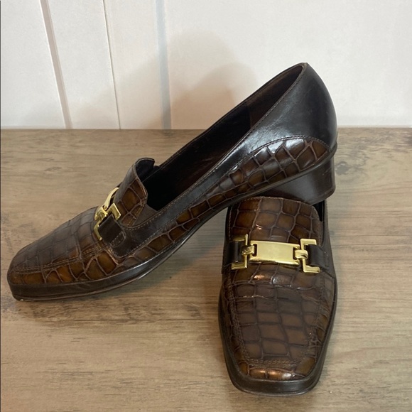 Amalfi by Rangoni Brown Faux Crocodile Loafers with Gold Accent buckle - 9 - Picture 1 of 7